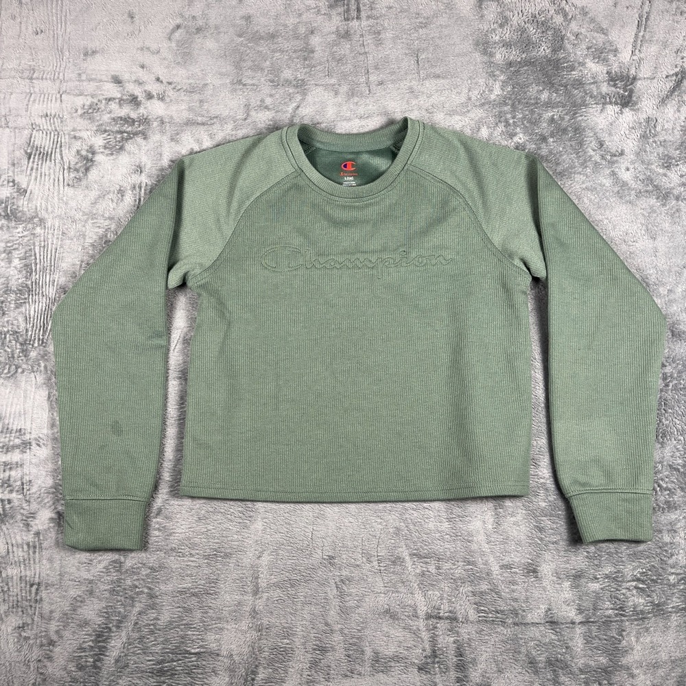 Champion Ribbed Sweatshirt Youth Kids L 14 Sage Green Textured Raglan Sleeve
